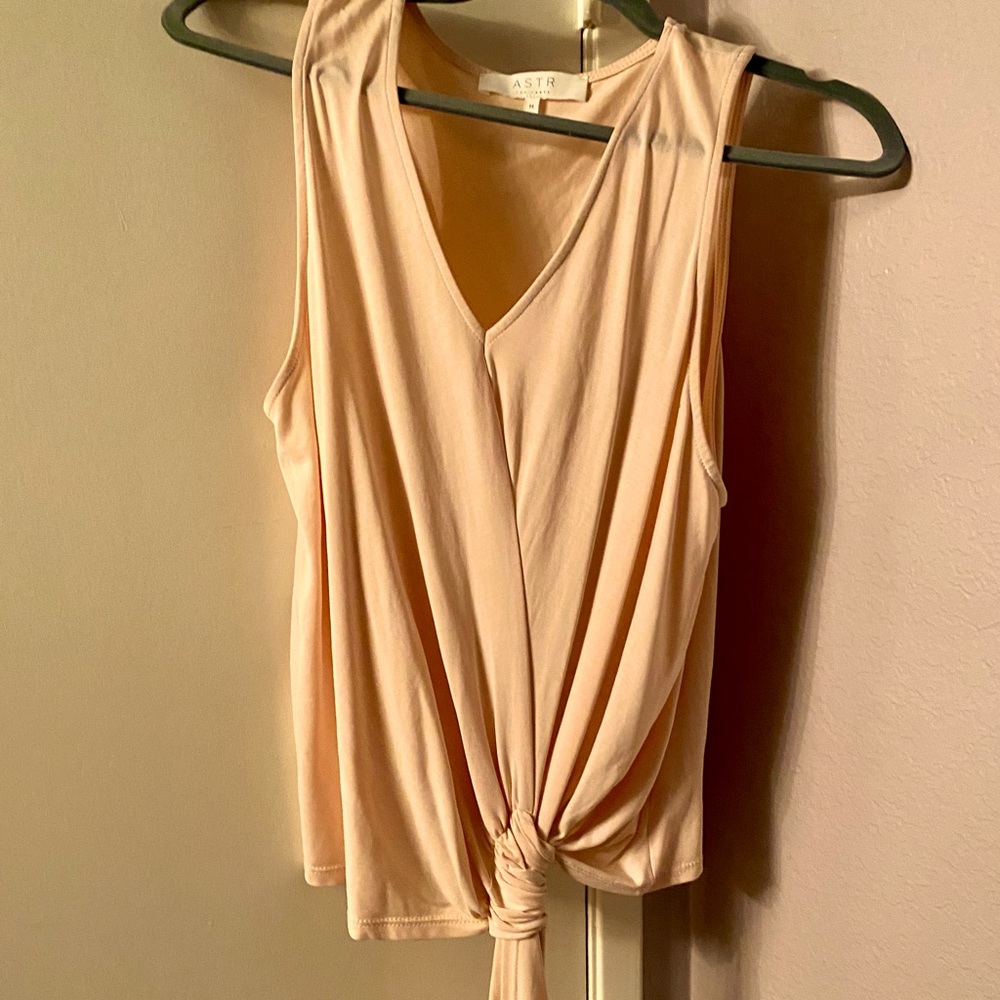 ASTR Peach Sleeveless Elegant Feminine Top with Tie Waist.